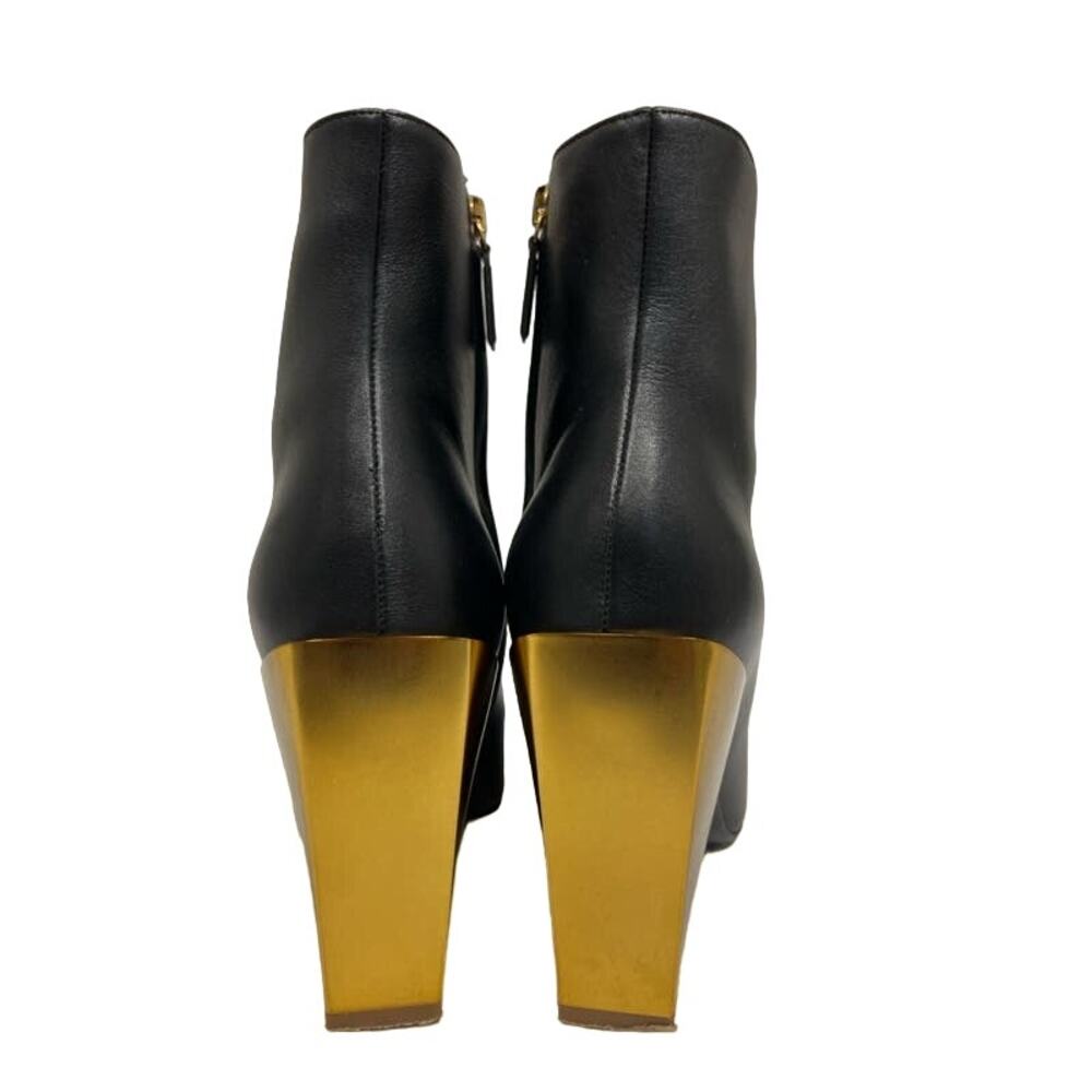 SALVATORE FERRAGAMO Black Leather Gold Block Heels Zip Square Toe Bootie Boots 7 - Picture 6 of 9